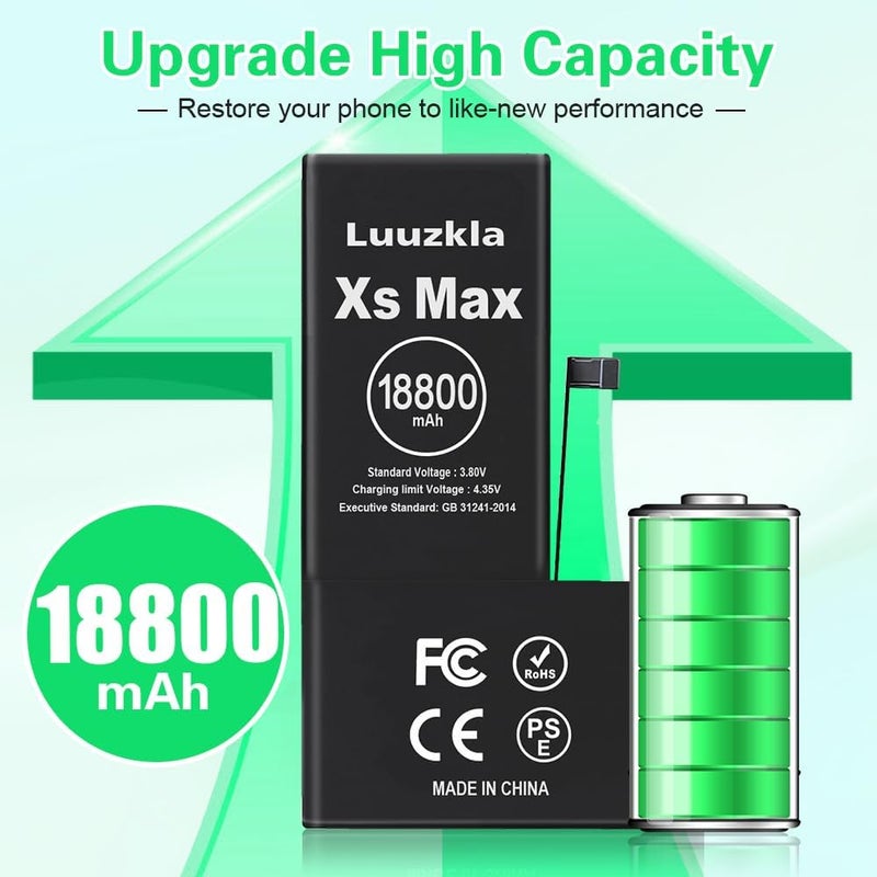 Luuzkla بطارية بسعة 18800mAh (ترقية جديدة 2025) متوافقة مع آيفون XS MAX، بطارية بديلة بسعة فائقة متوافقة مع آيفون XS MAX، مع مجموعة أدوات كاملة - 0 دورة سعة عالية - خدمة لمدة 24 شهرًا - Image 2